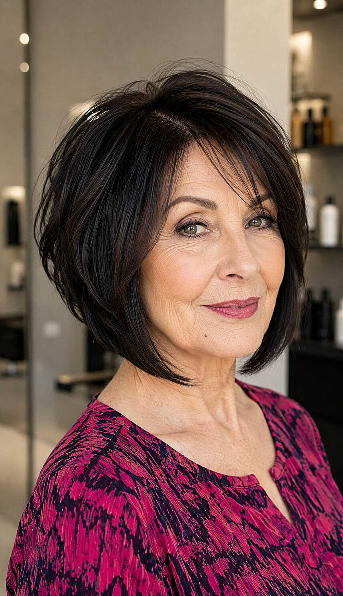 Dark brunette chin-length A-line bob with bangs