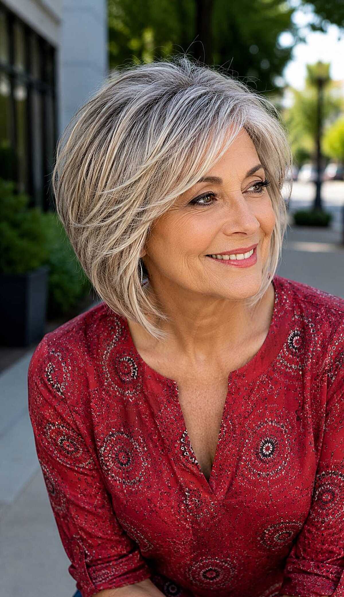 Lived-in gray blonde A-line bob with flippy layers