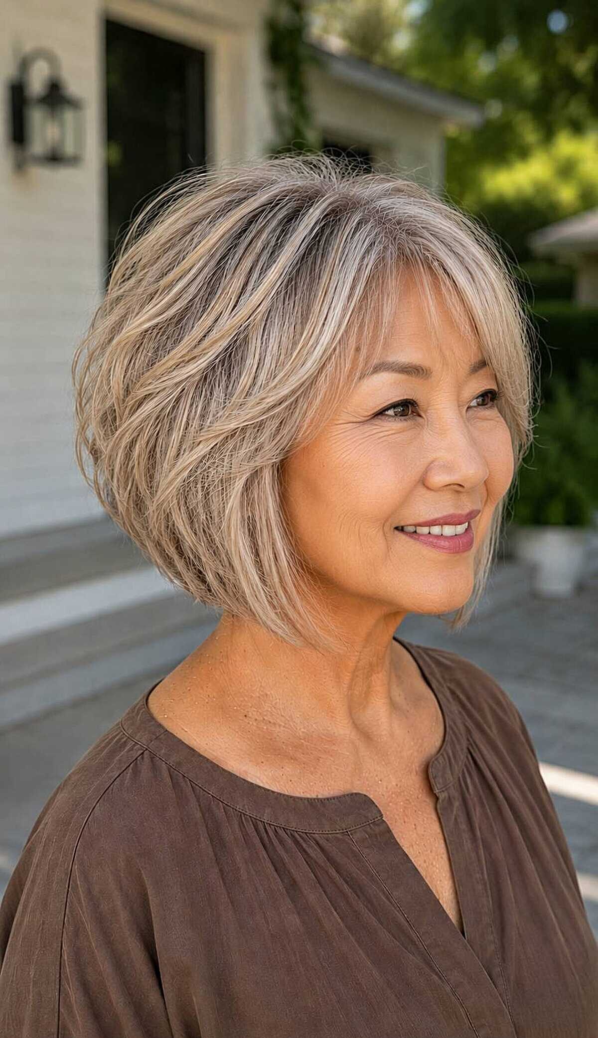 Feathered ash blonde A-line bob with soft layers
