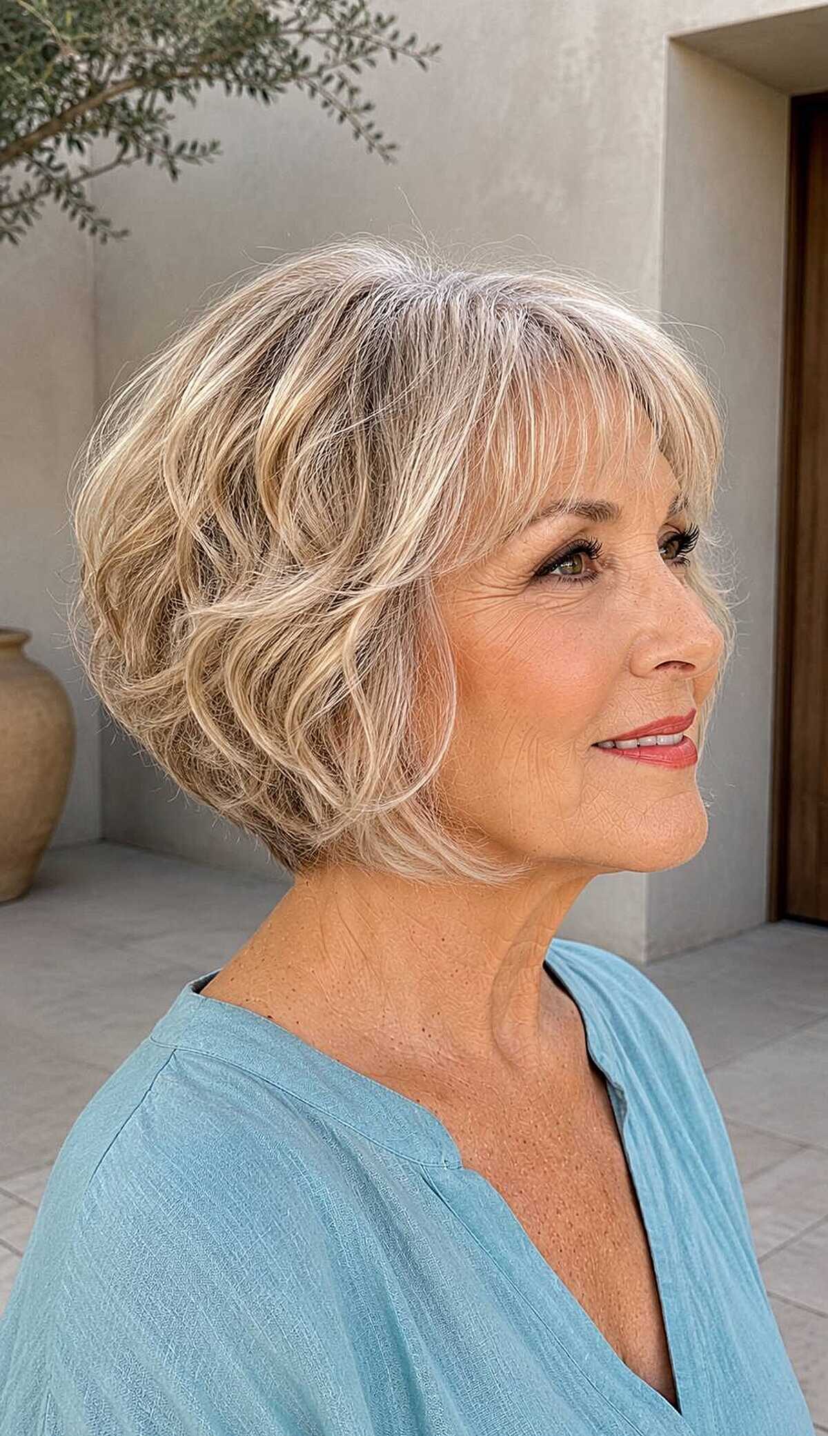 Blonde wavy A-line bob with curtain bangs