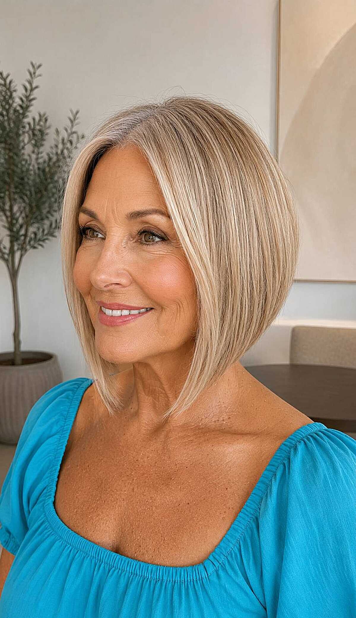 Sleek champagne blonde A-line bob