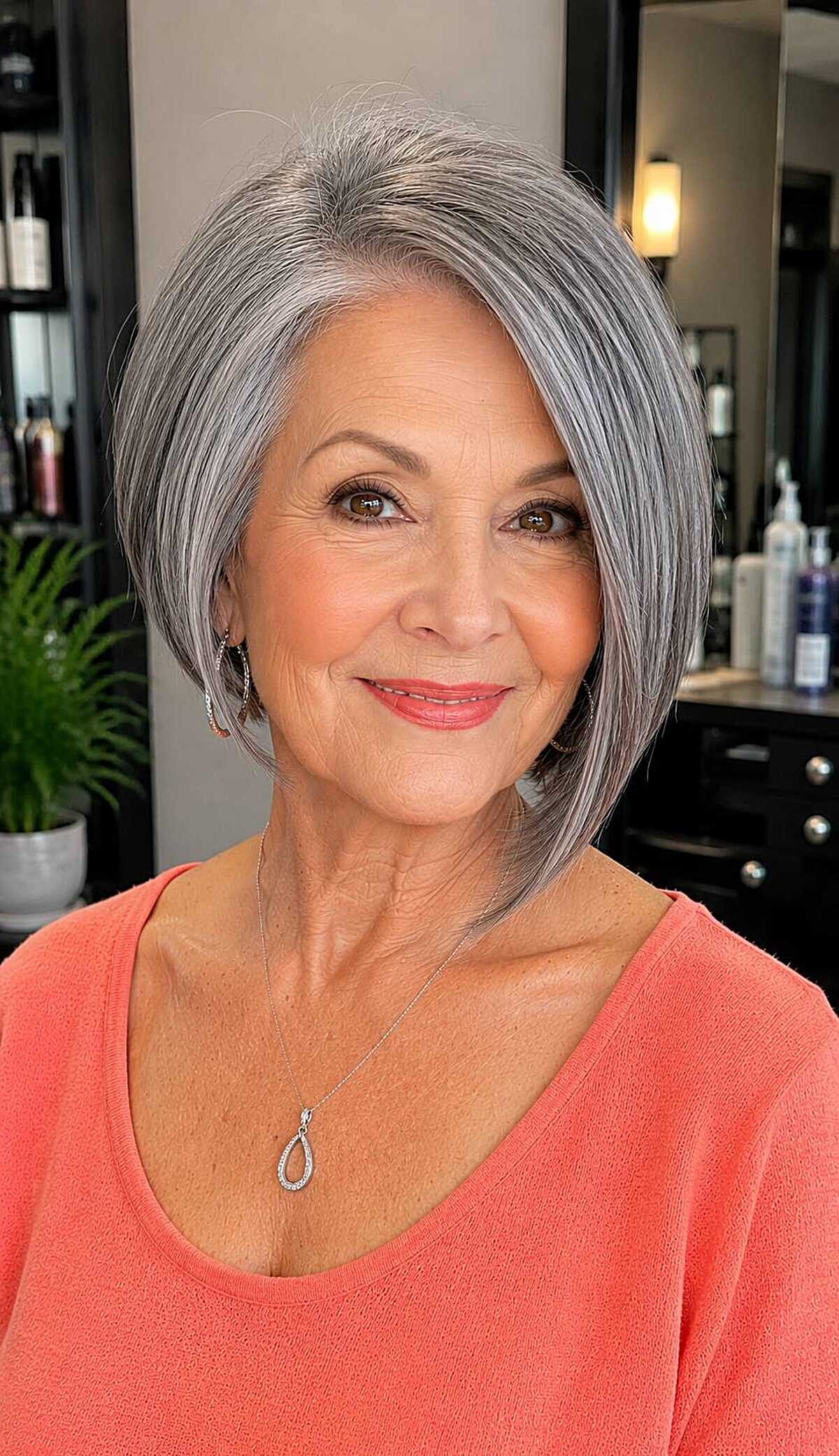 Classic silver A-line bob with deep side part
