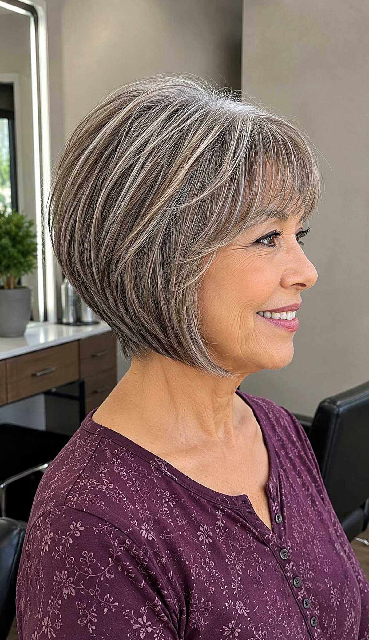 Salt and pepper A-line bob with bright highlights