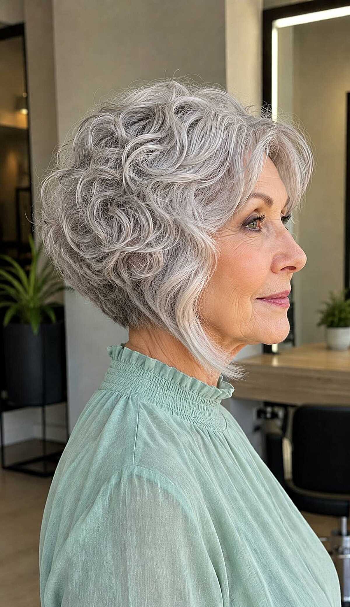 Full silver curly A-line bob with volume