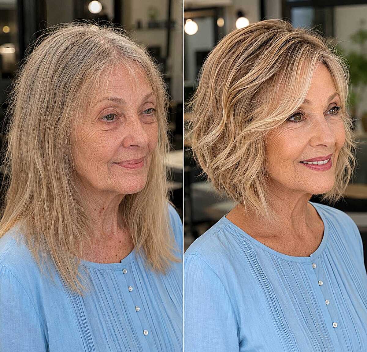 Before and after wavy blonde A-line bob makeover