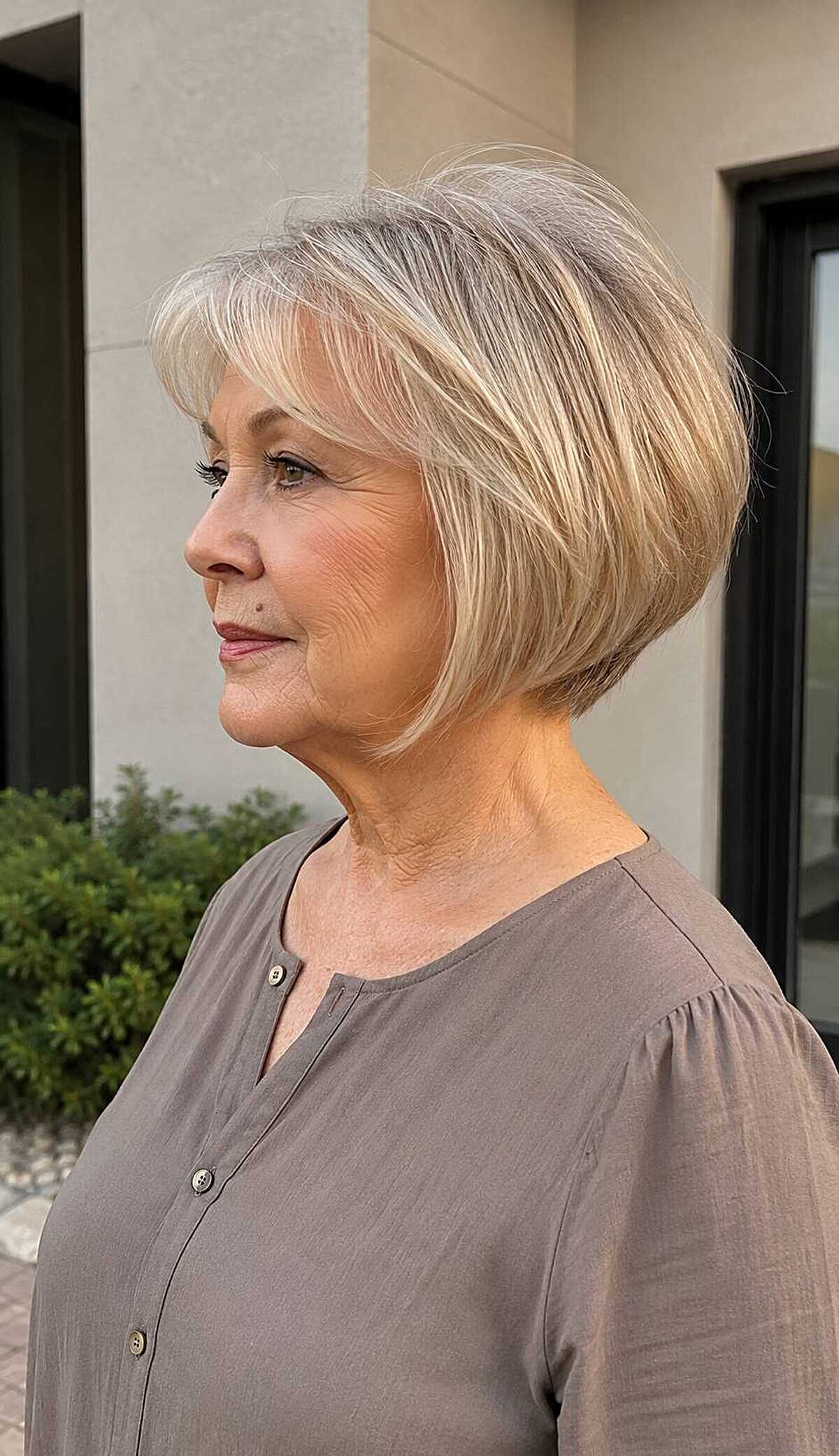 Soft ash blonde textured A-line bob