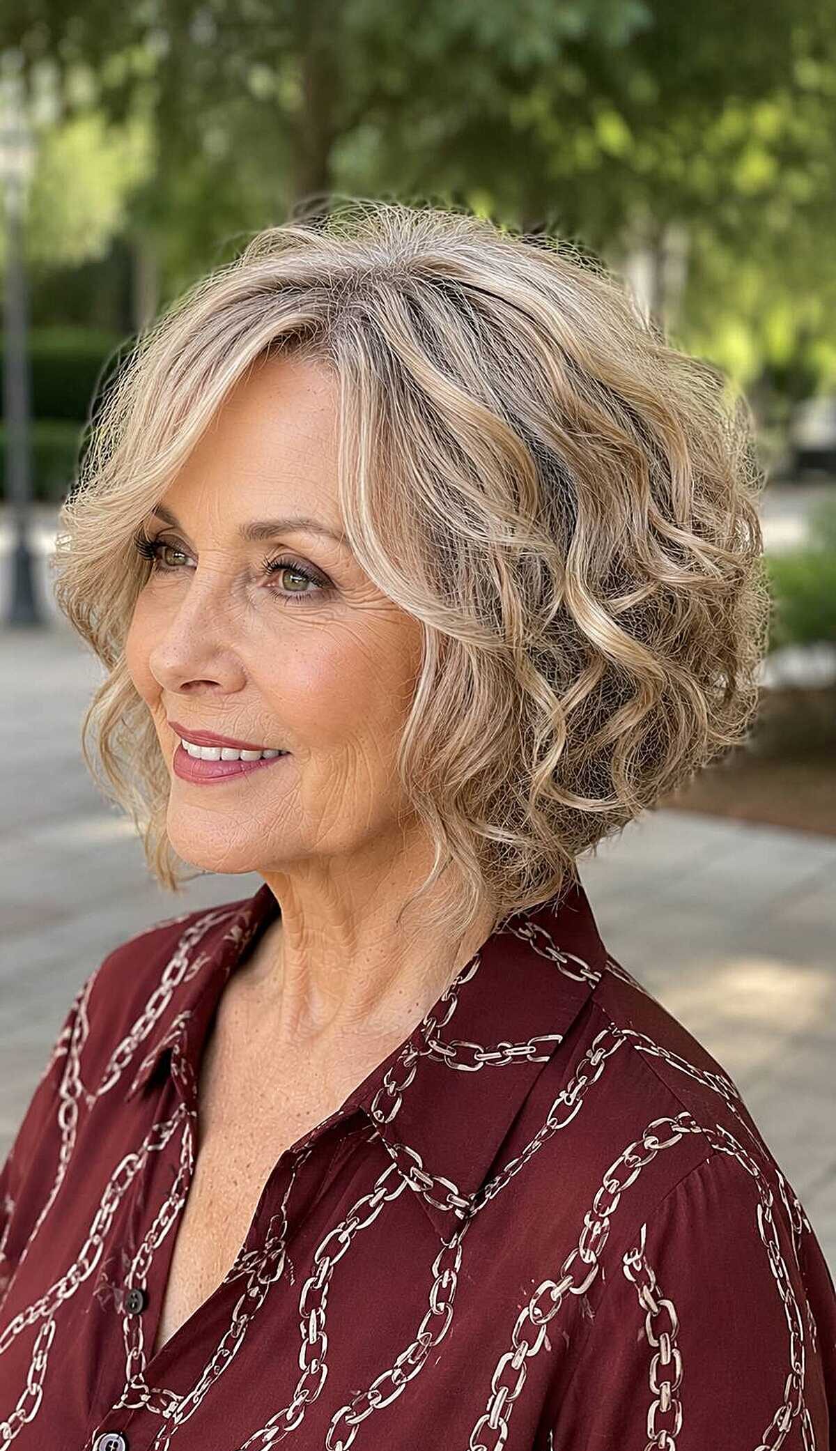 Loose curled sandy blonde A-line bob