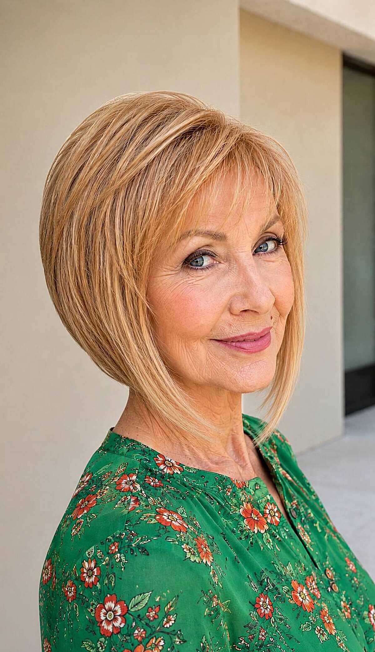 Honey blonde graduated bob with deep side part