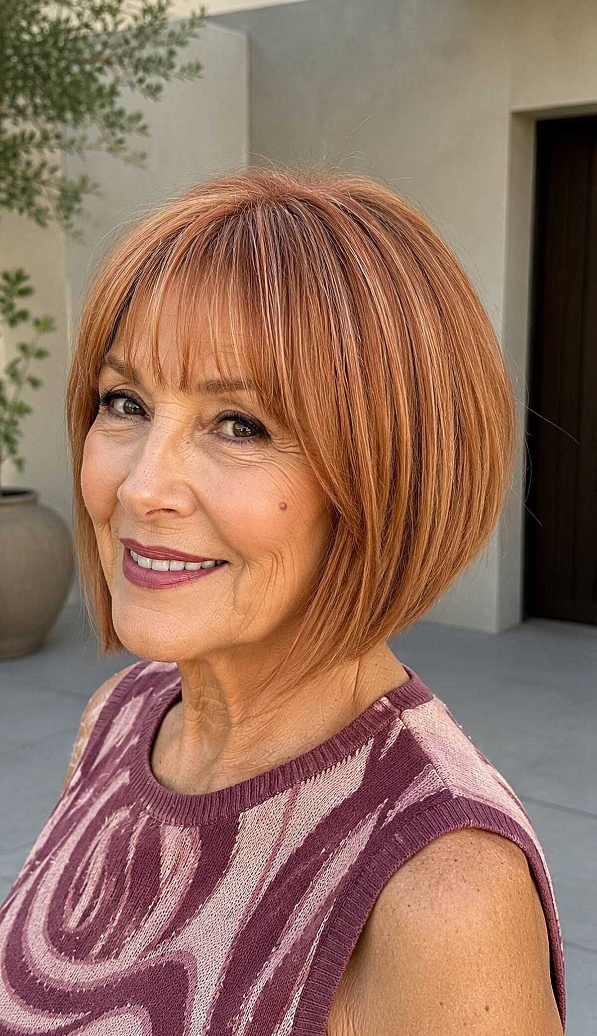 Warm copper A-line bob with soft fringe