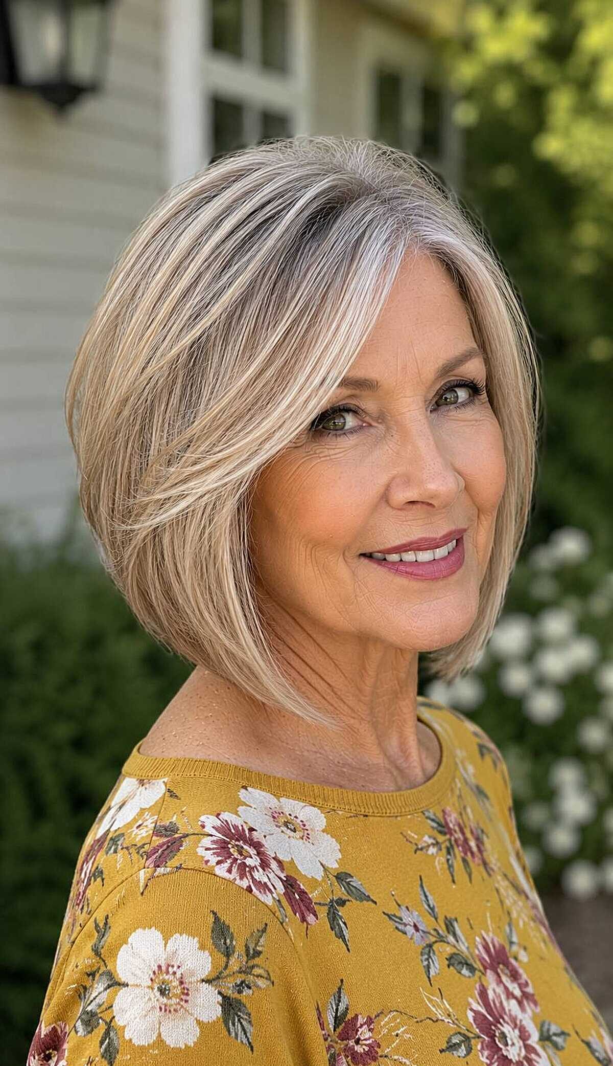 Polished blonde A-line bob with silver root blend