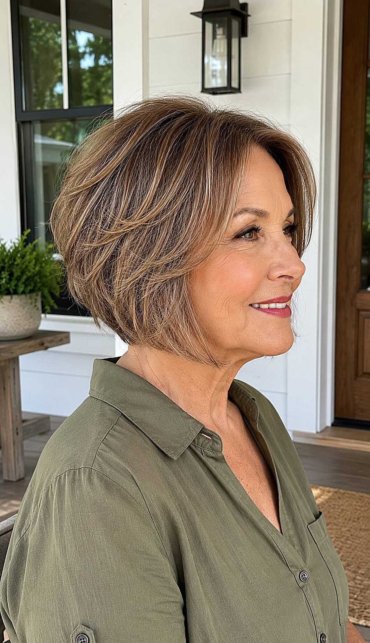 Warm brunette layered A-line bob with caramel pieces