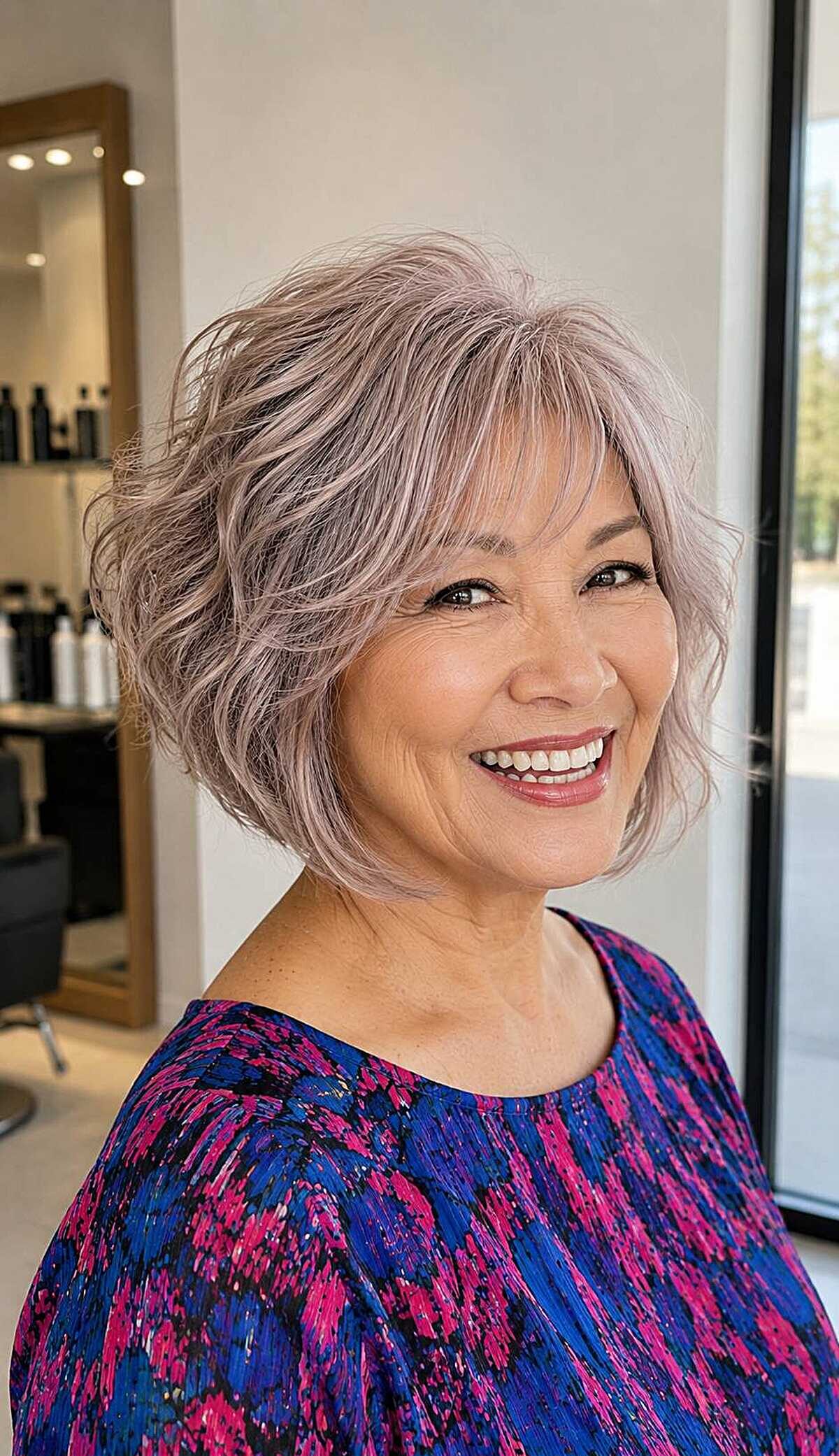 Wavy lavender-gray A-line bob with side bangs