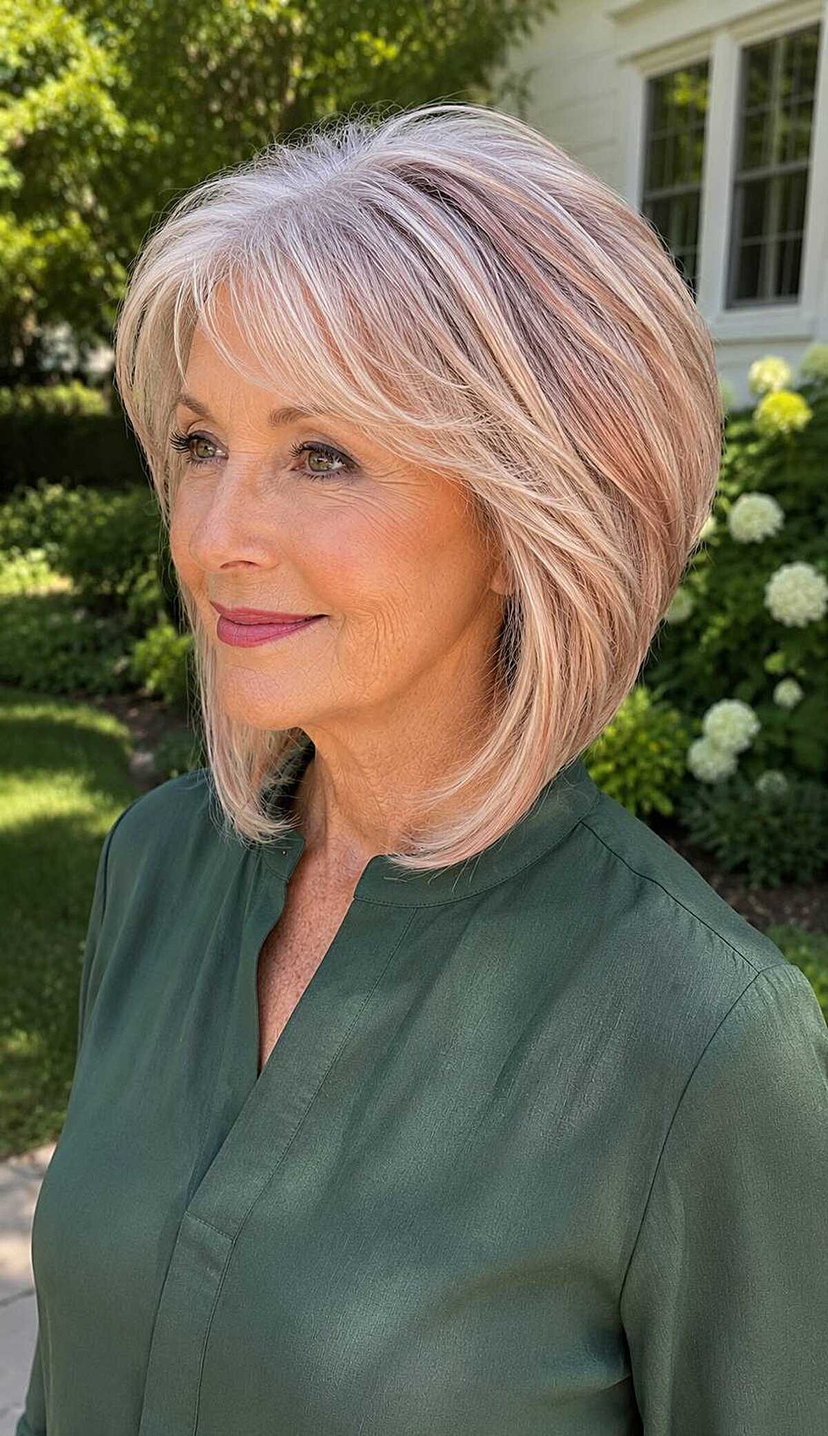 Rose blonde layered A-line bob with face framing
