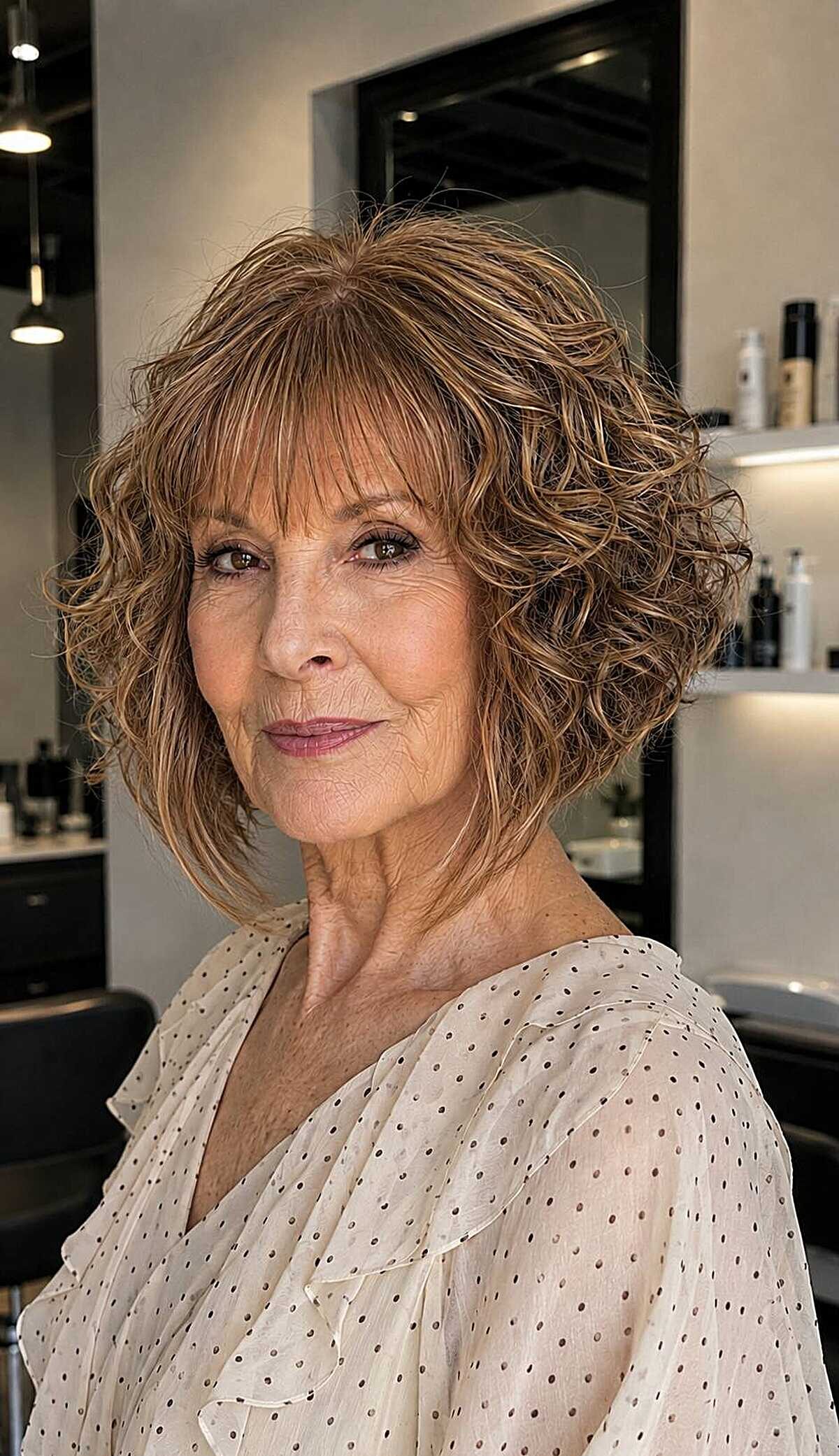 Curly caramel highlighted bob with layered bangs