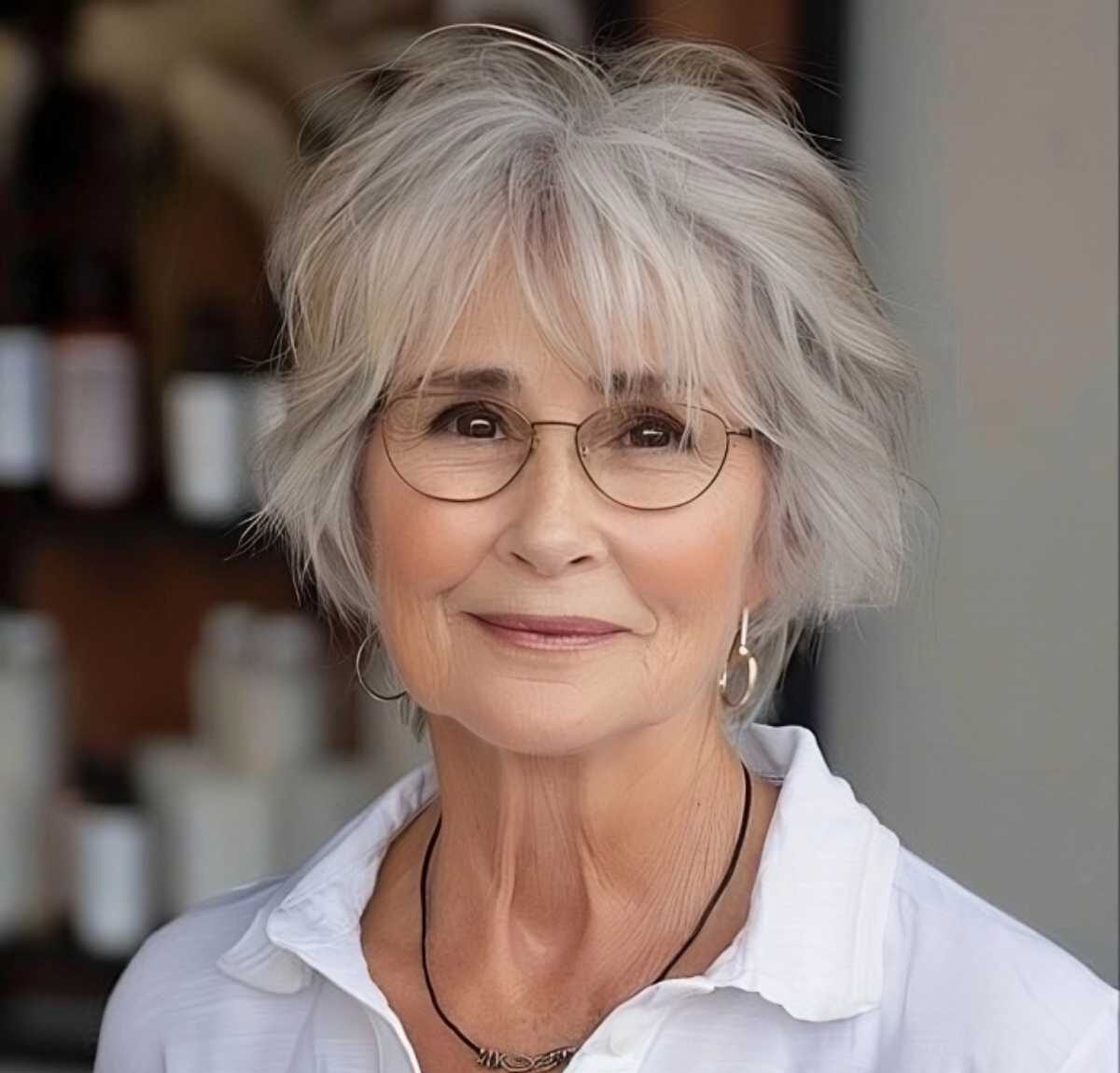 Salt-and-Pepper Short Shag with Bangs for 70-Year-Olds with Glasses