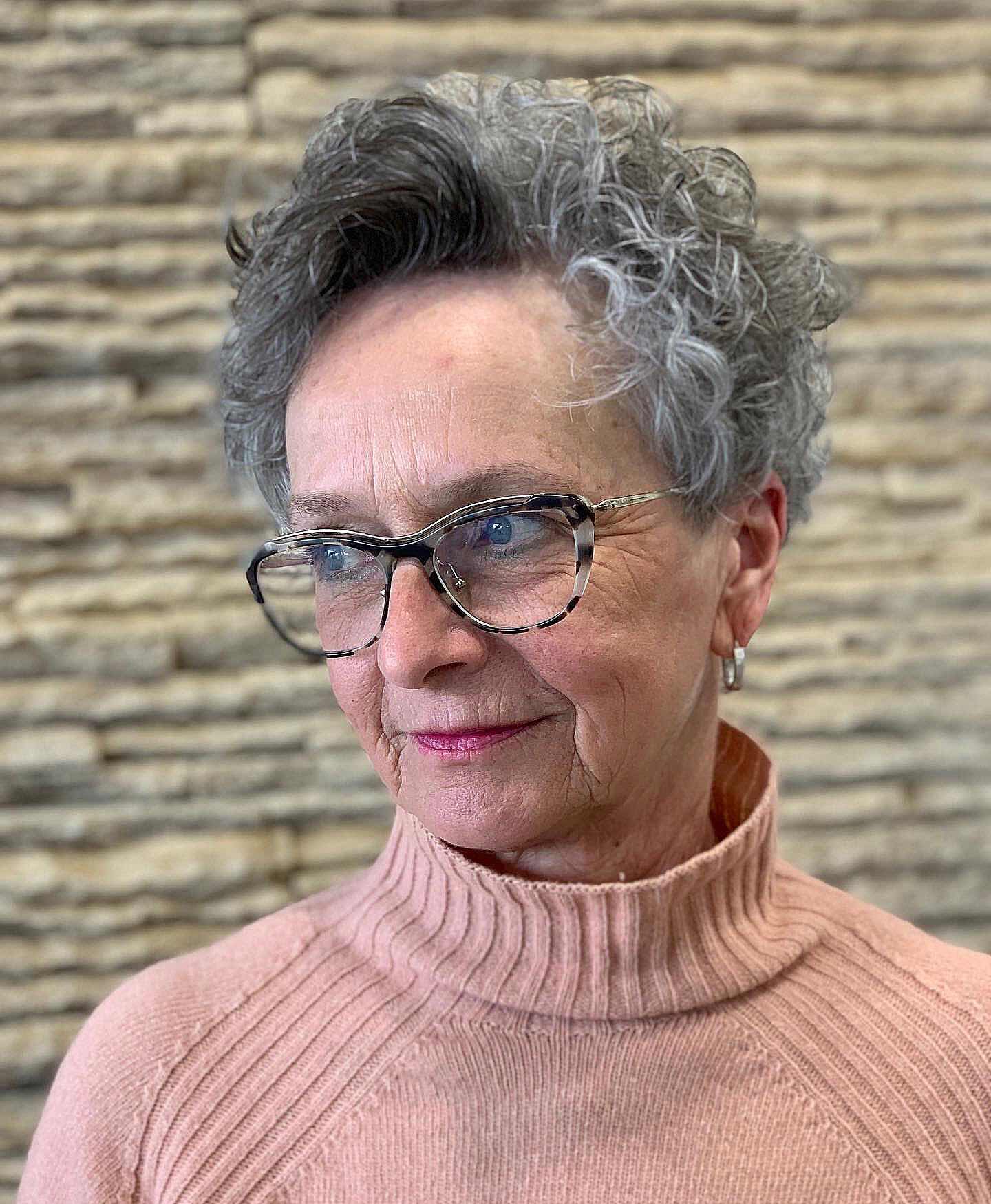 short curly hair for 70-year-olds with glasses
