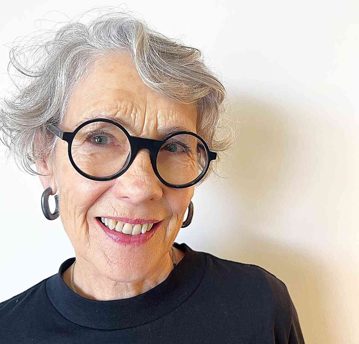 Cute Short and Messy Cut with Natural Color for Ladies Aged 70 with Glasses