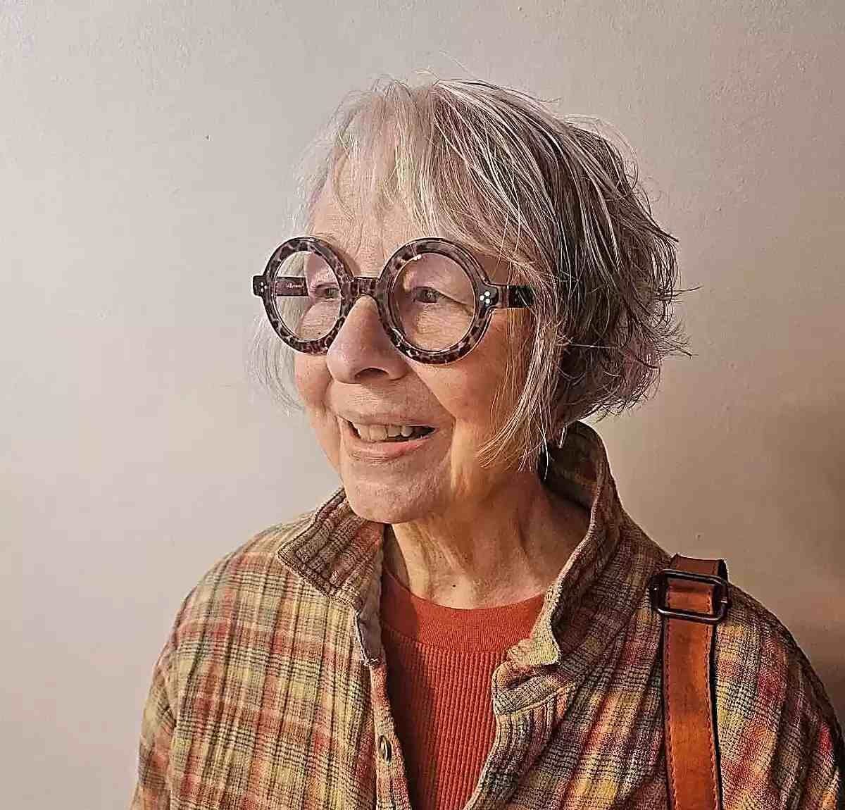 French Micro Bob for Ladies Aged 70 with Eyeglasses and wispy thin hair