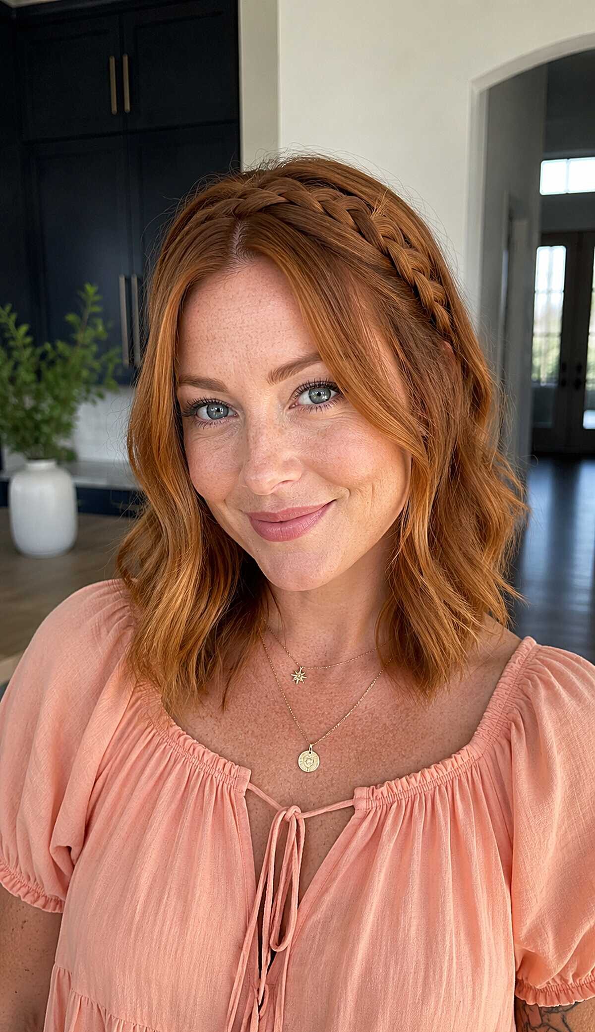 Copper red wavy bob with small braided headband accent