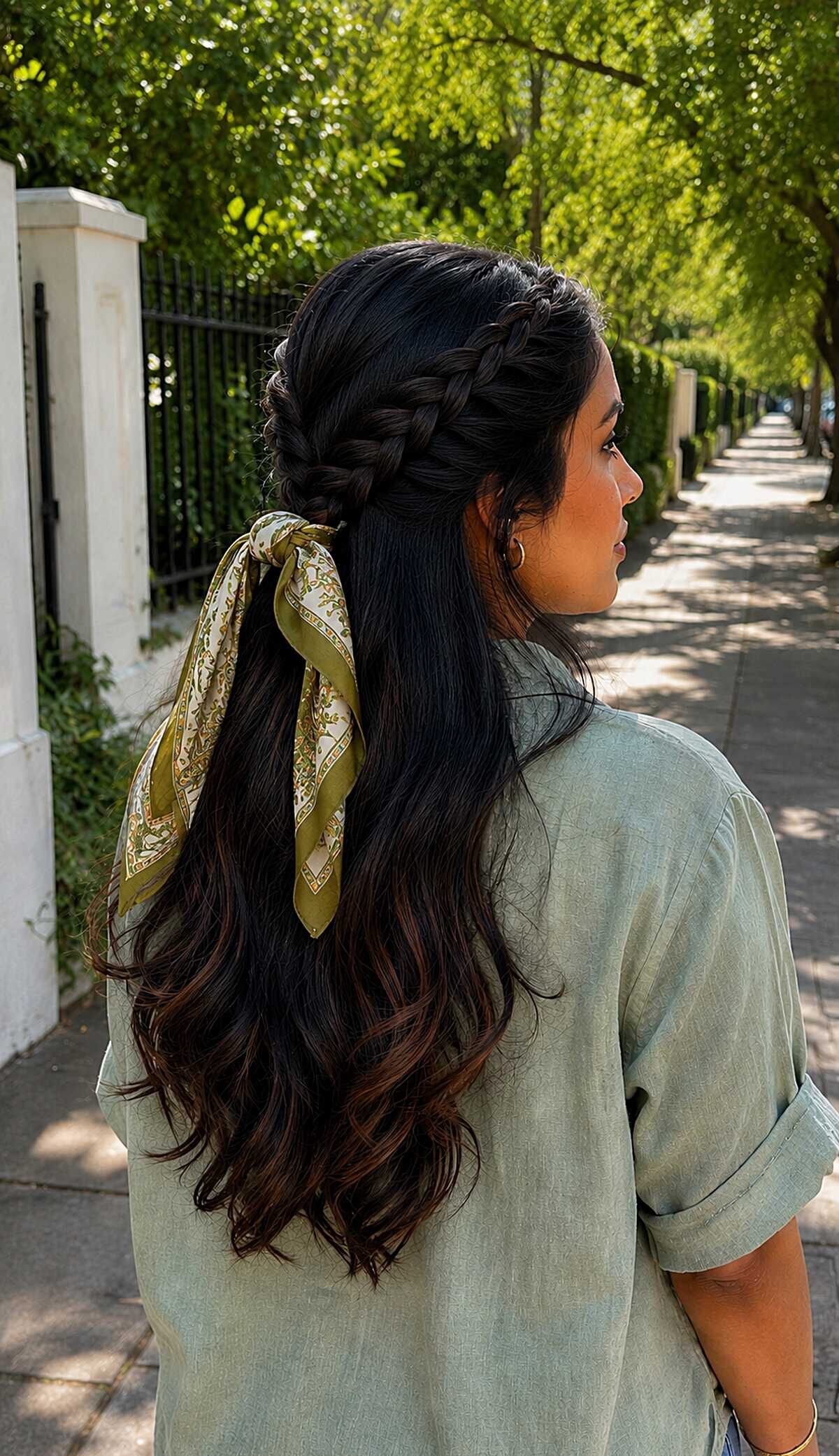 Crown braid half-down style with green silk scarf on black hair
