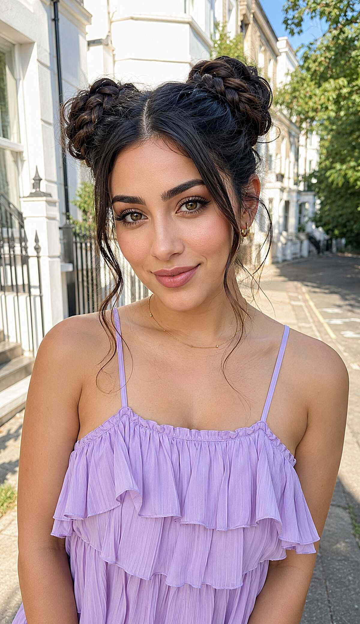 Braided double buns with wispy tendrils on dark hair