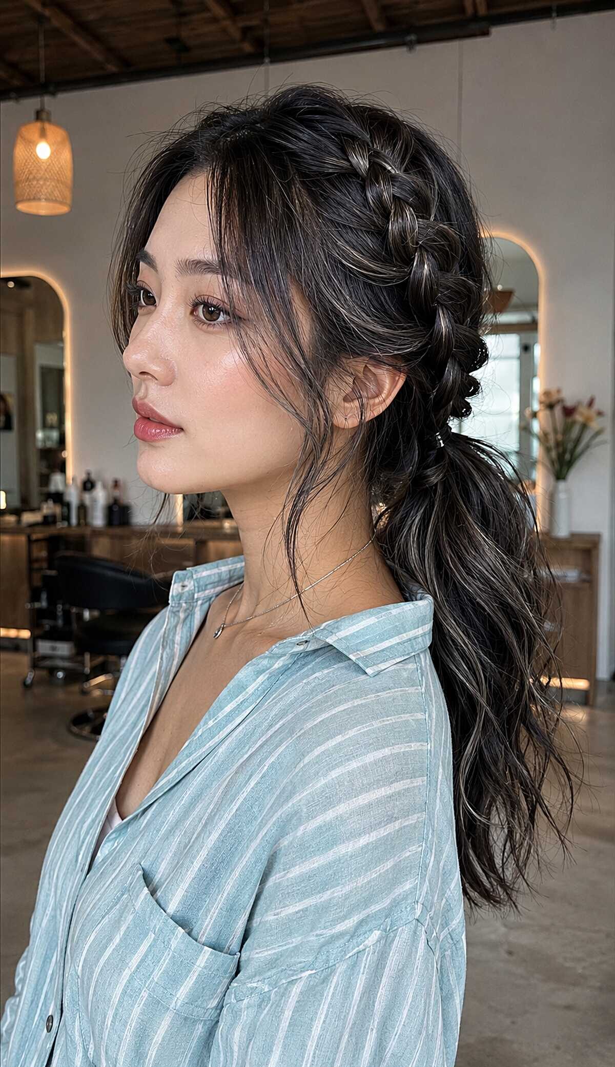 Side Dutch braid into messy low ponytail on black hair