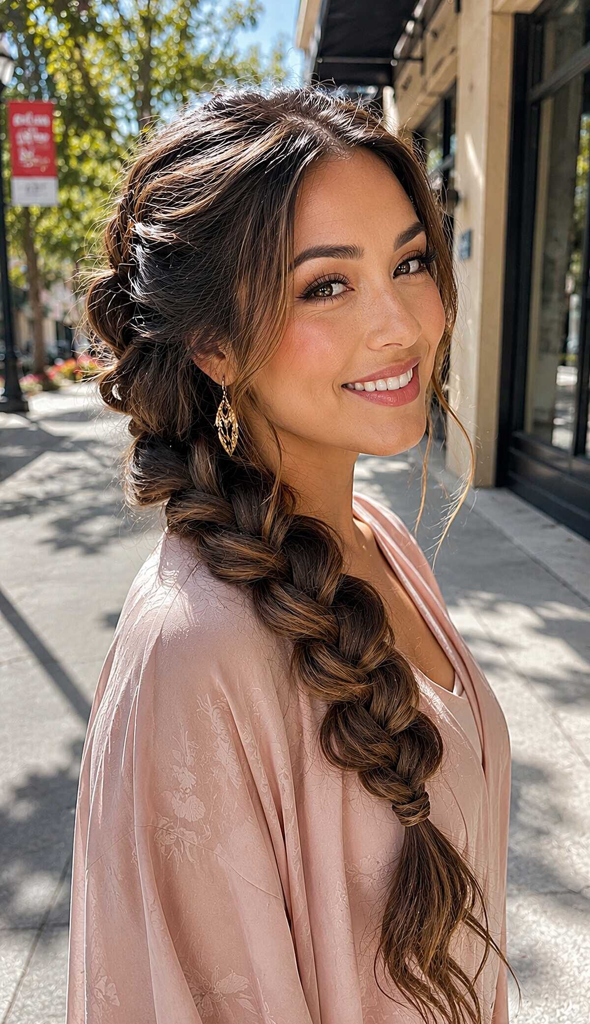 Oversized loose side braid on long brown hair with volume