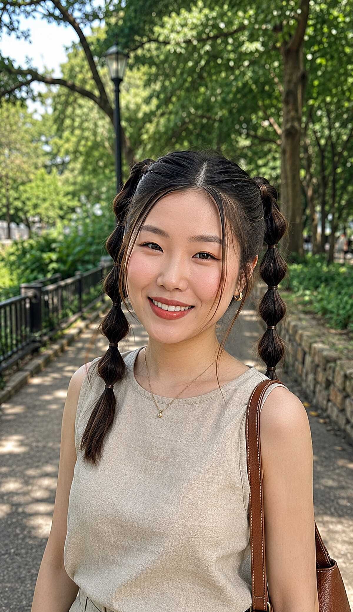 Black bubble braid pigtails with center part outdoors