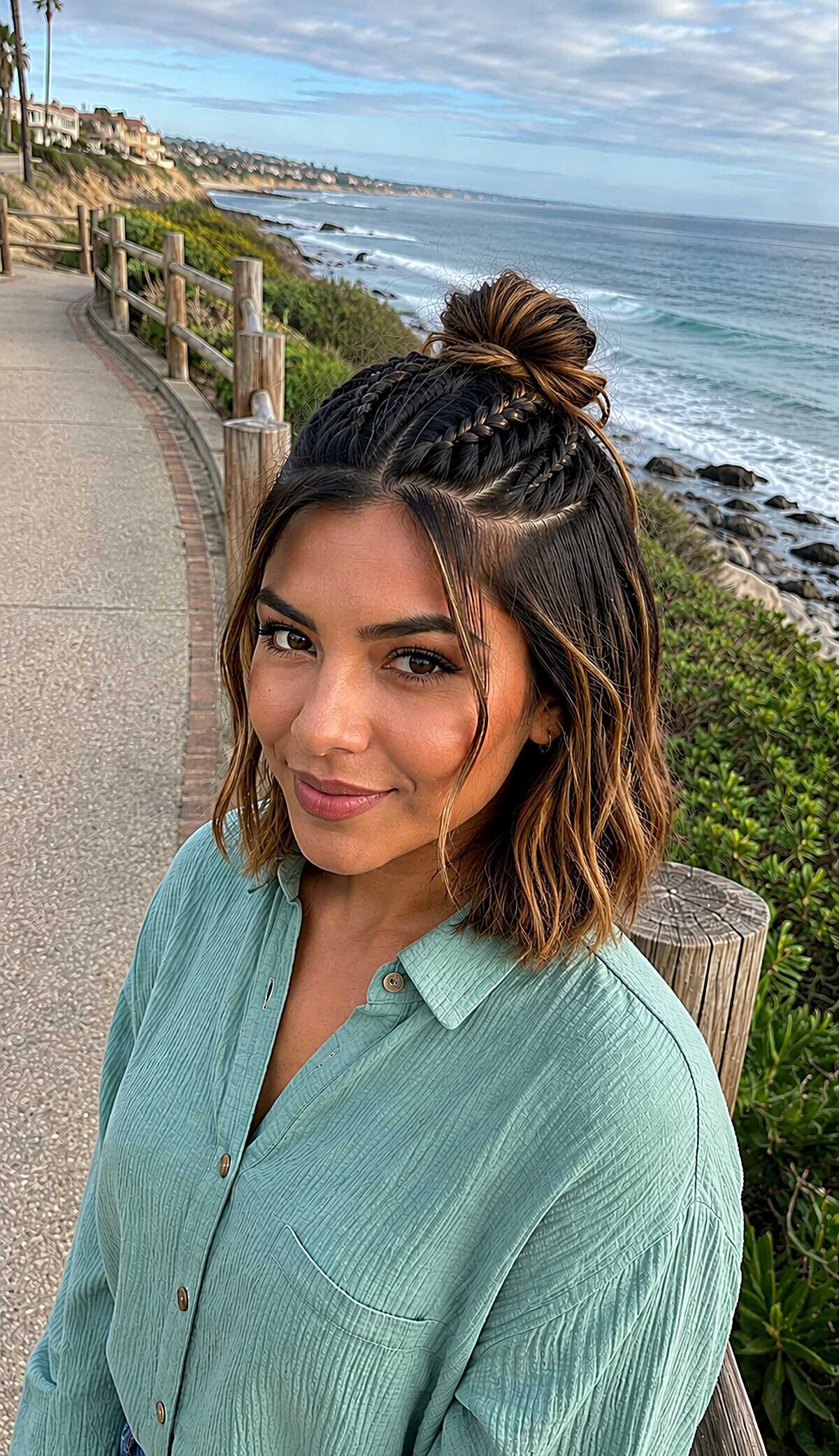 Braided half-up top knot with loose waves on bob length hair