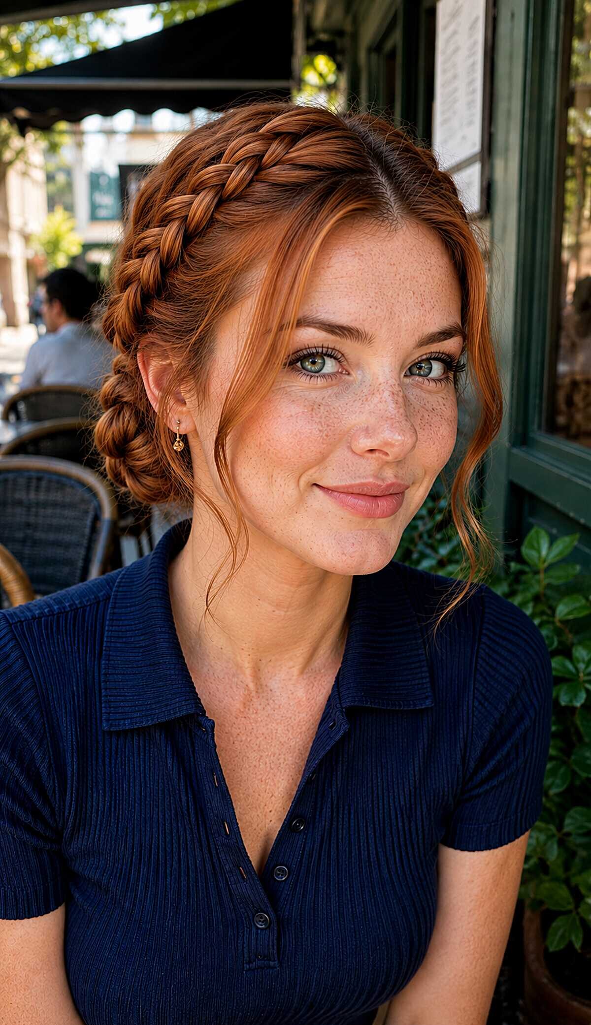 Crown Braid Swept into a Low Braided Bun on Natural Copper Hair