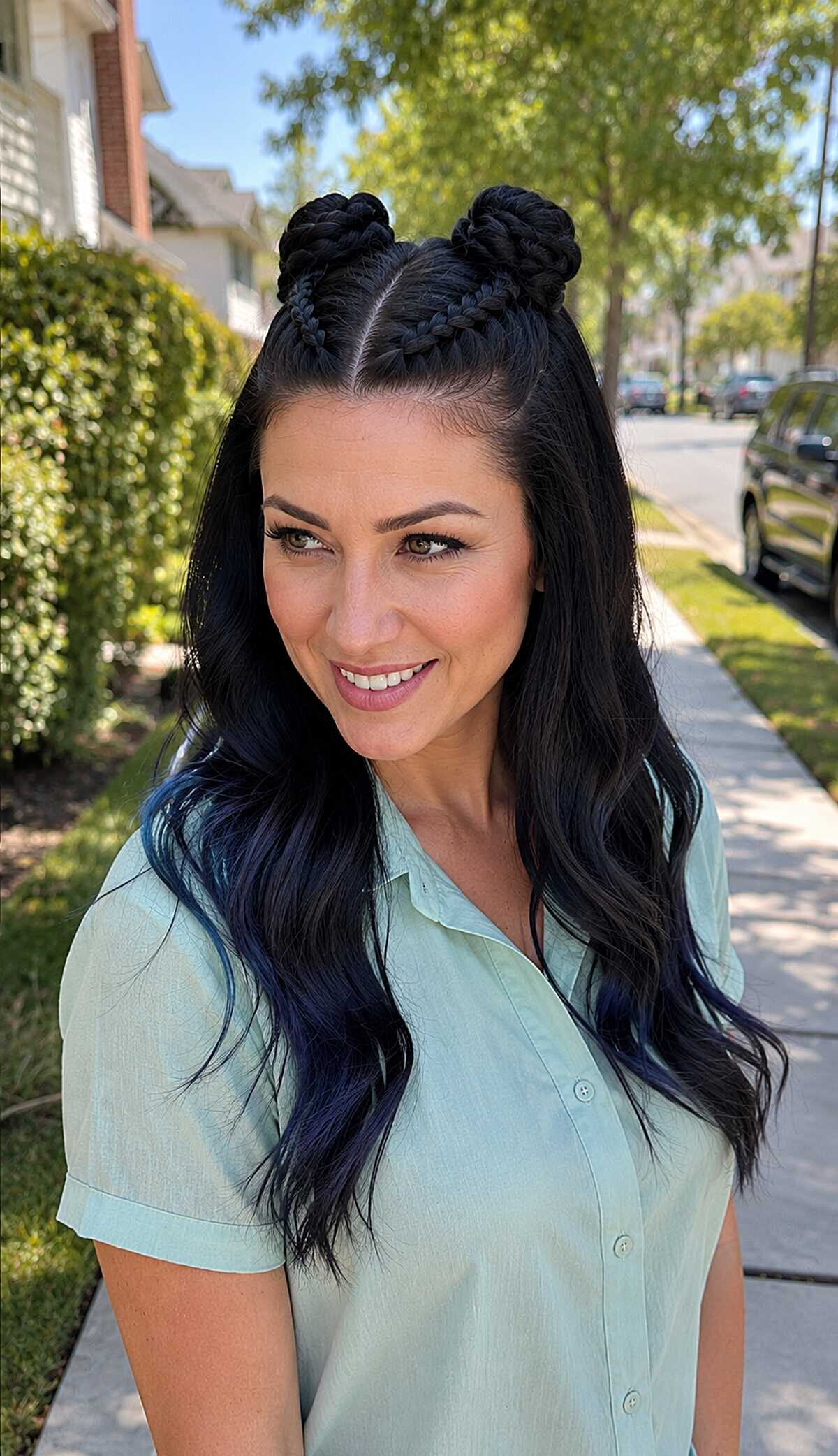 Braided half-up space buns with long black wavy hair down
