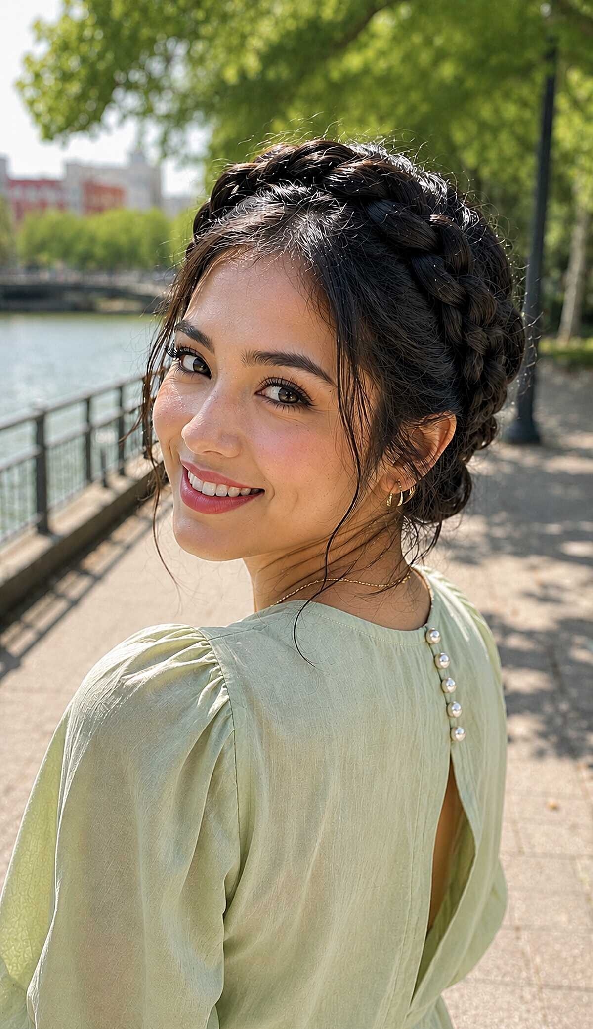 Milkmaid crown braid updo with soft face-framing wisps