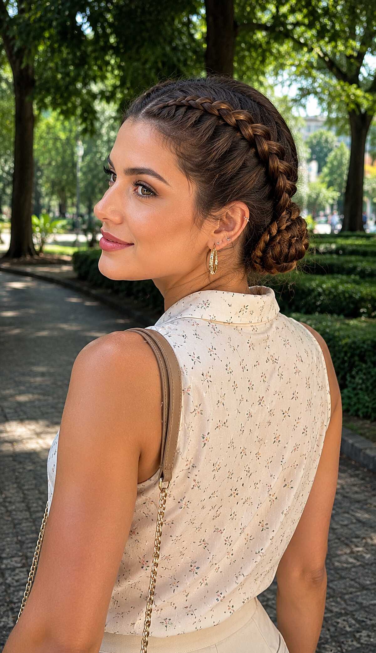 Dutch crown braid wrapping into low braided bun, brunette