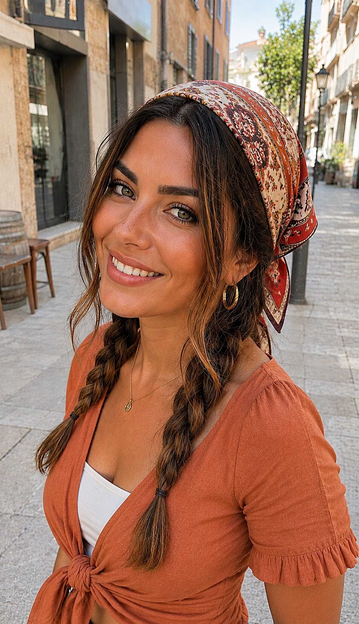 Side braid with printed bandana headscarf and face tendrils