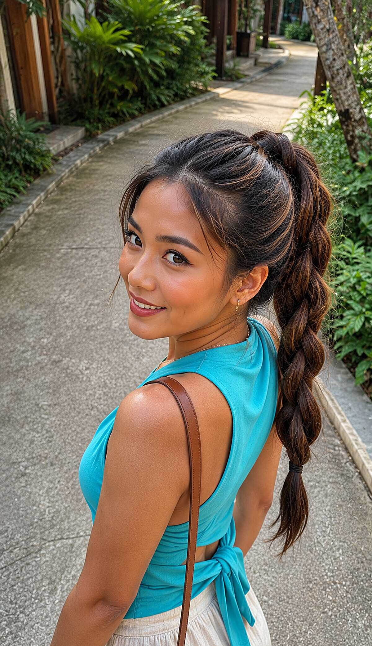 High bubble braid ponytail on brown hair with loose wisps