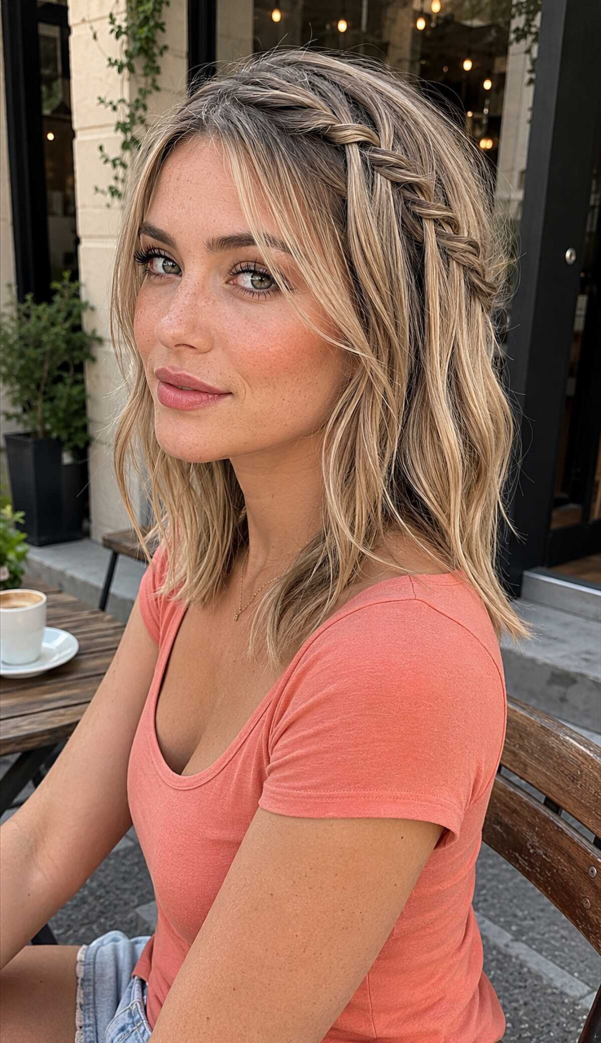 Blonde lob with waterfall braid and soft beachy waves
