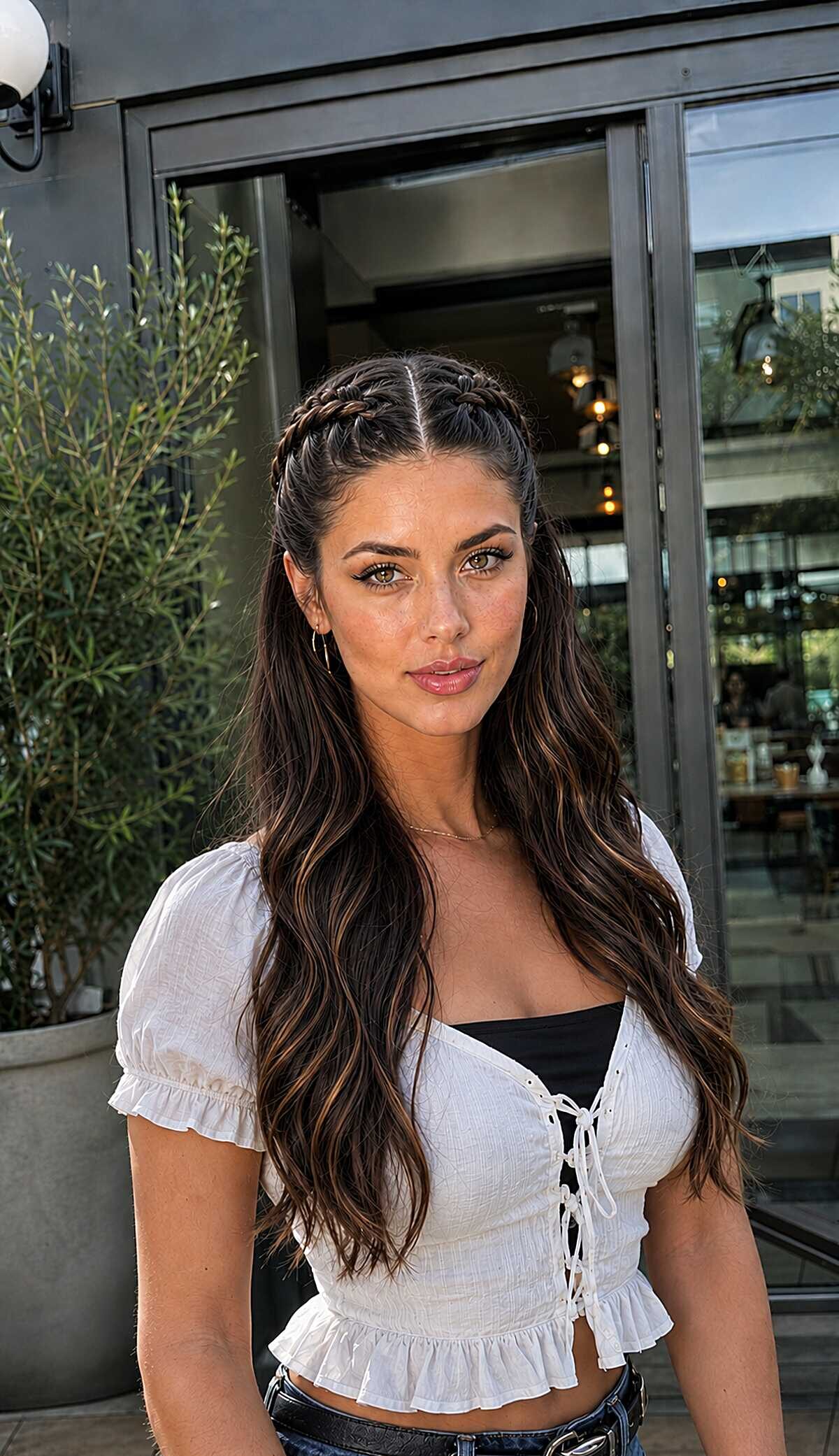 Two small Dutch braids with long dark wavy hair down