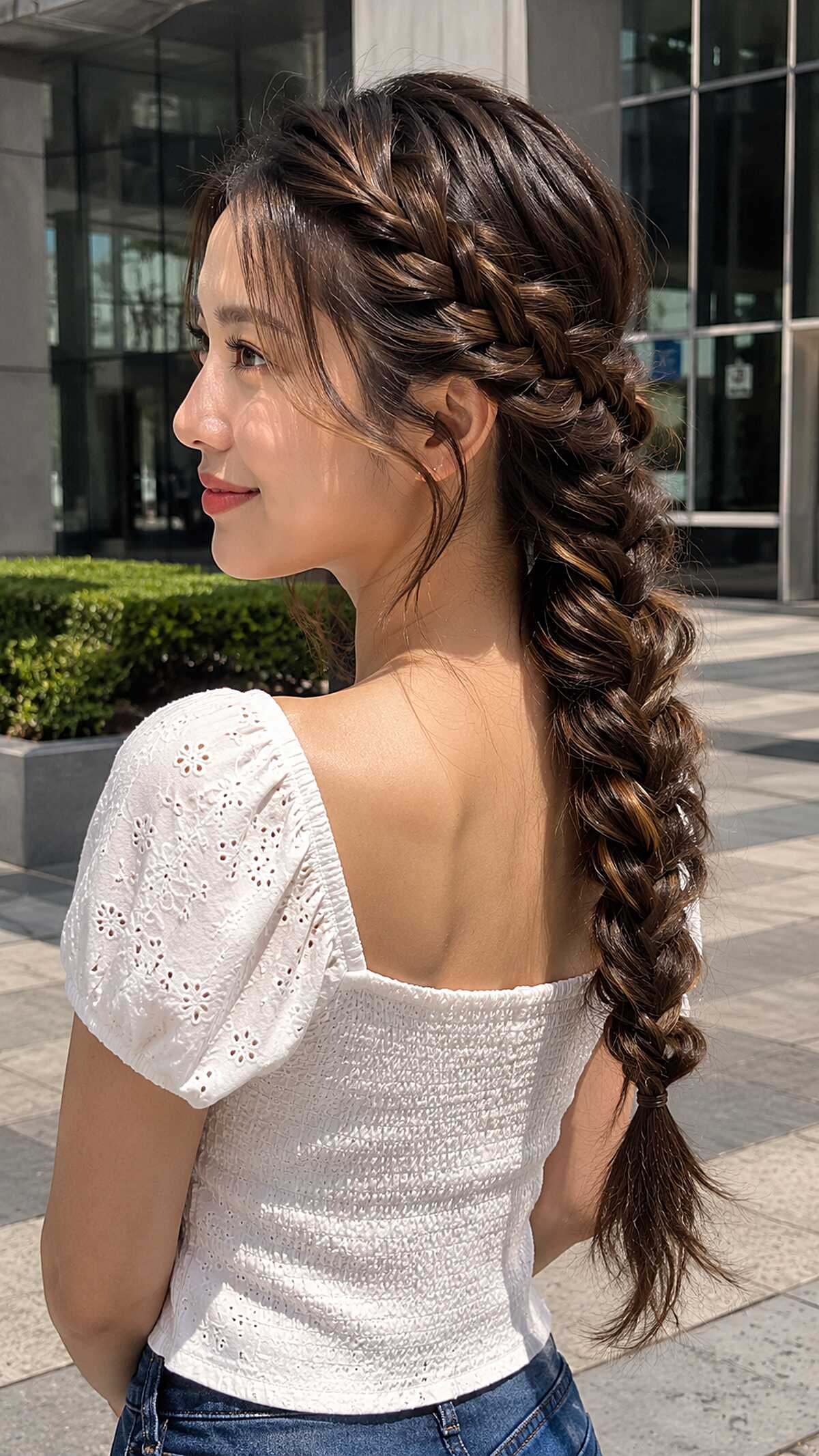 Long side fishtail braid on dark brown hair, back view