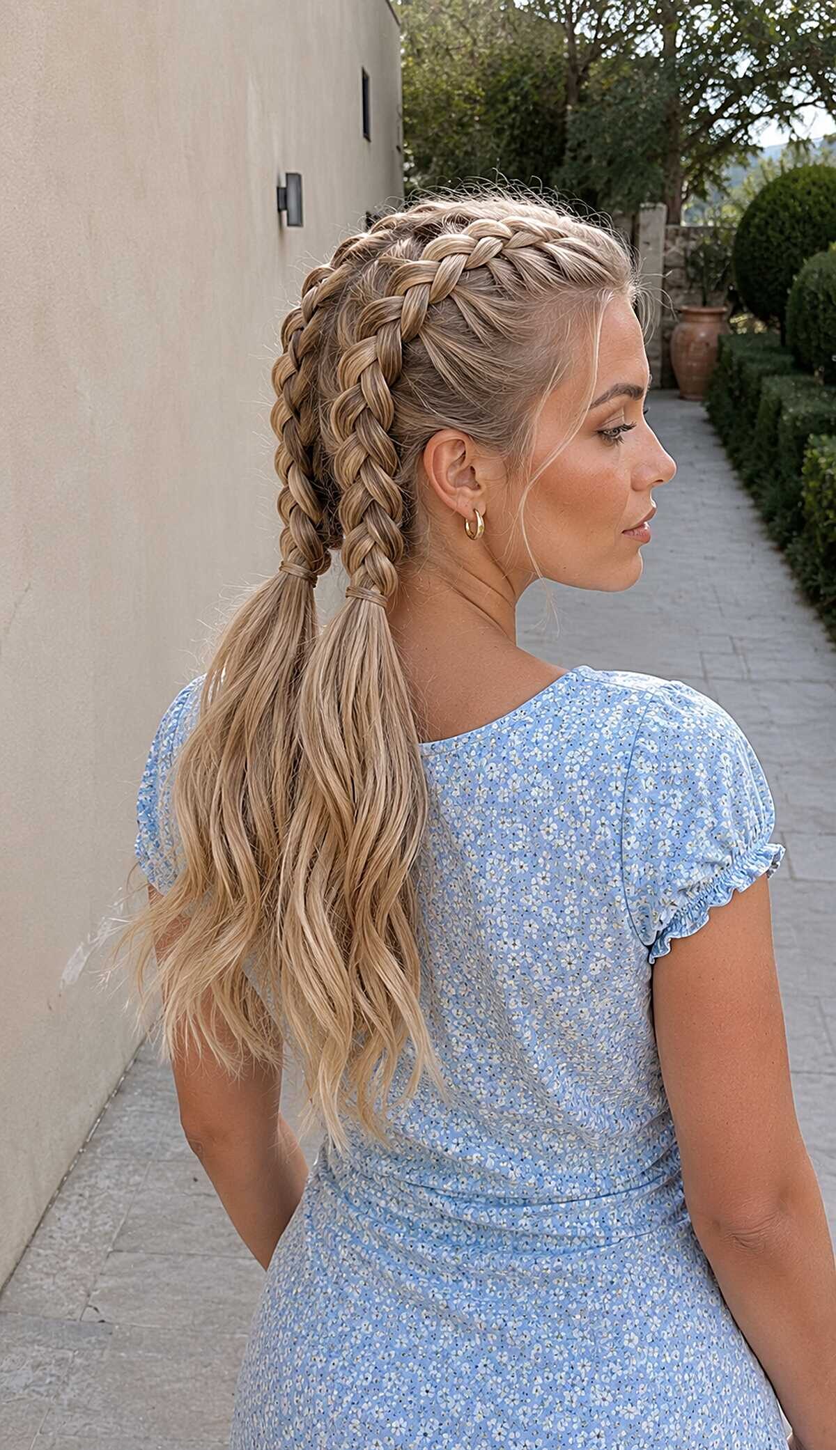 Thick blonde double Dutch braids into wavy ponytail