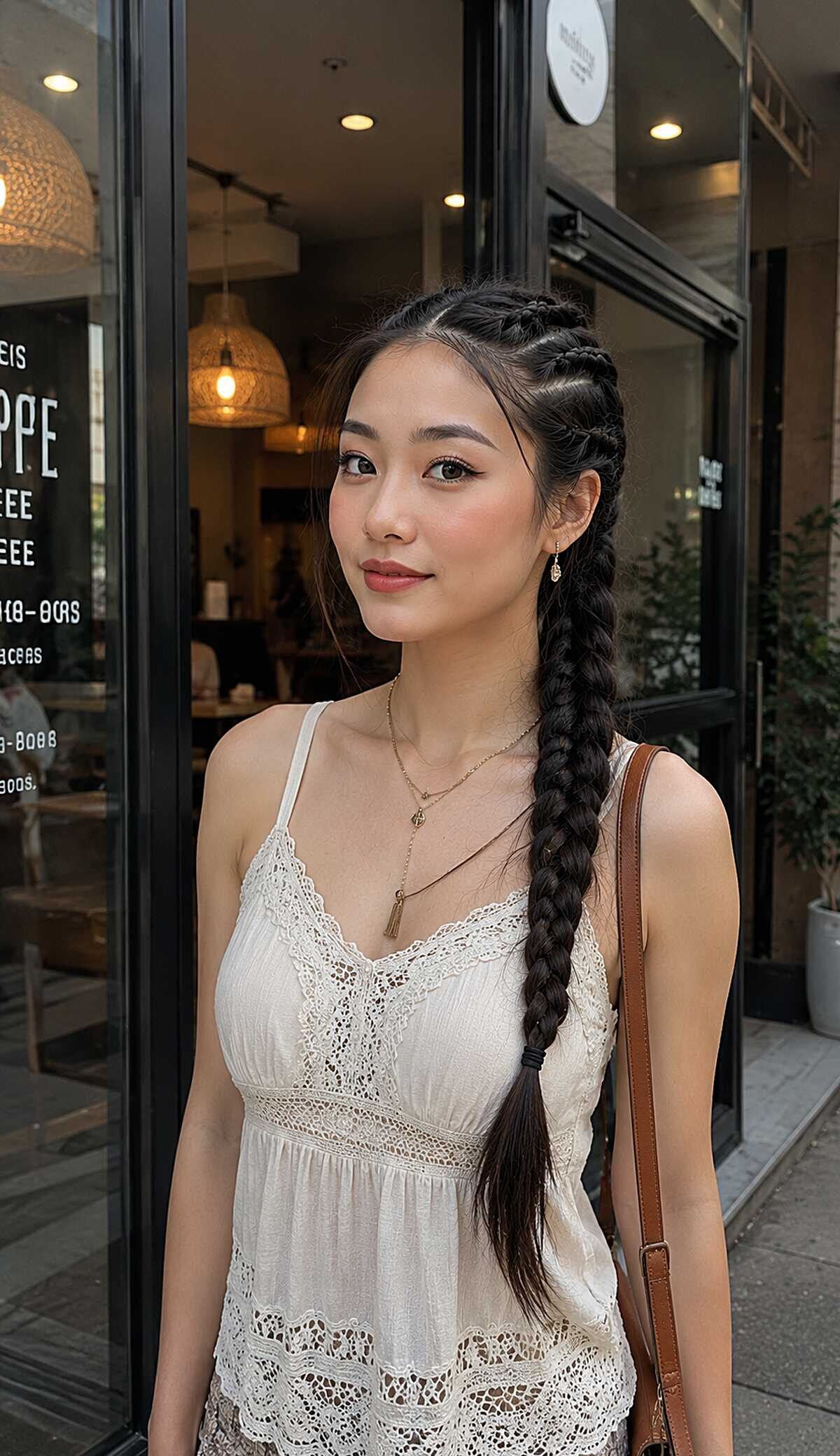 Long sleek side French braid on straight black hair