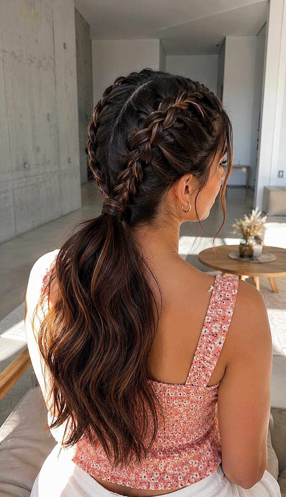 Two Dutch braids flowing into a long wavy low ponytail
