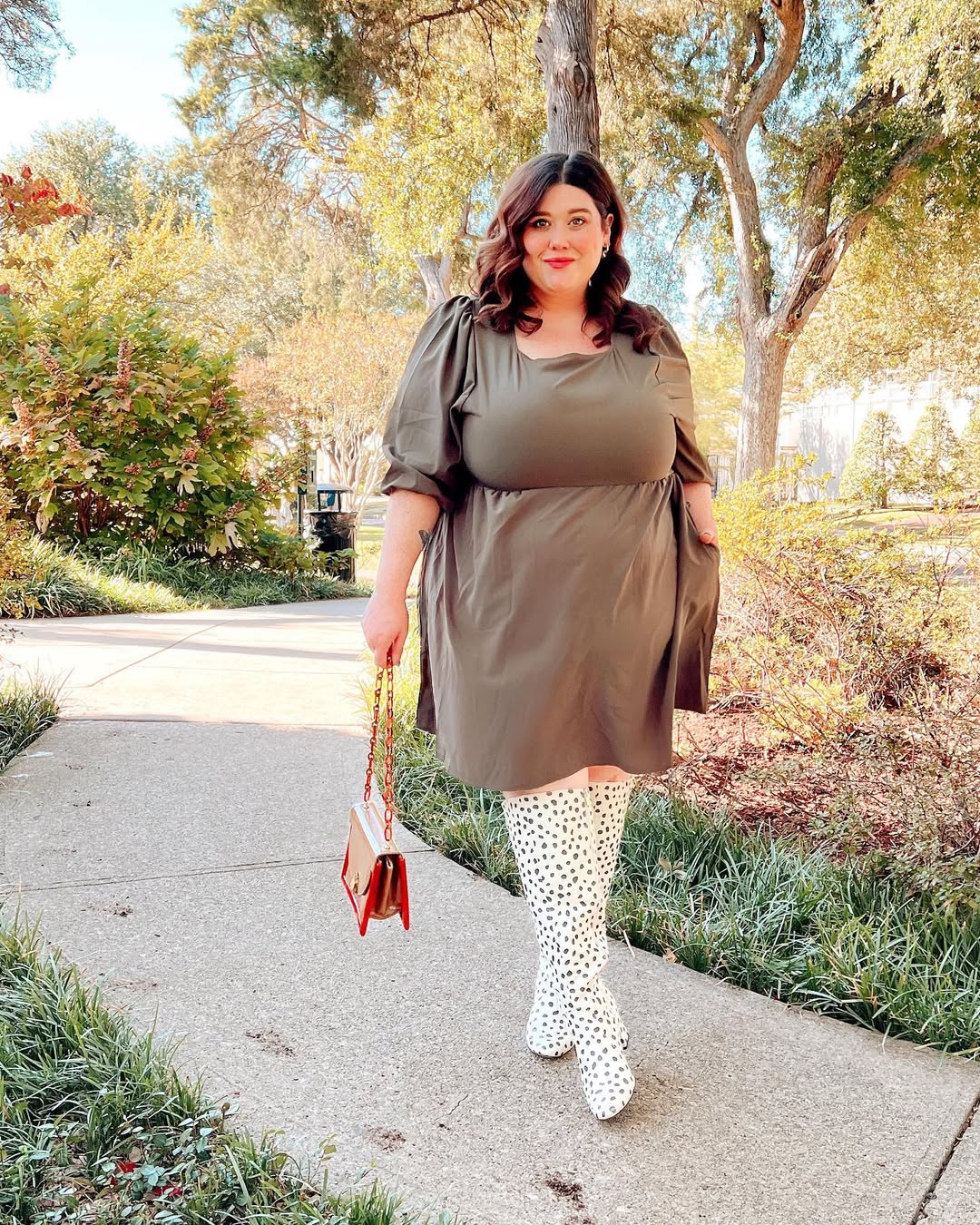 Olive Puff Sleeve Dress With Dalmatian Boots