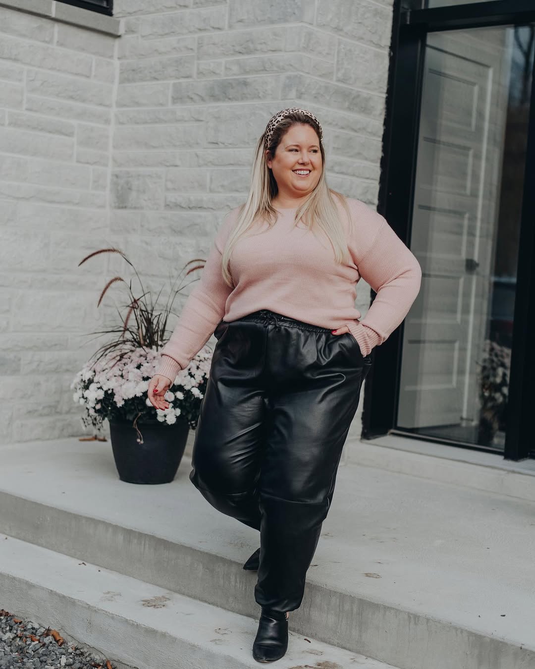 Soft Pink Sweater With Black Leather Joggers