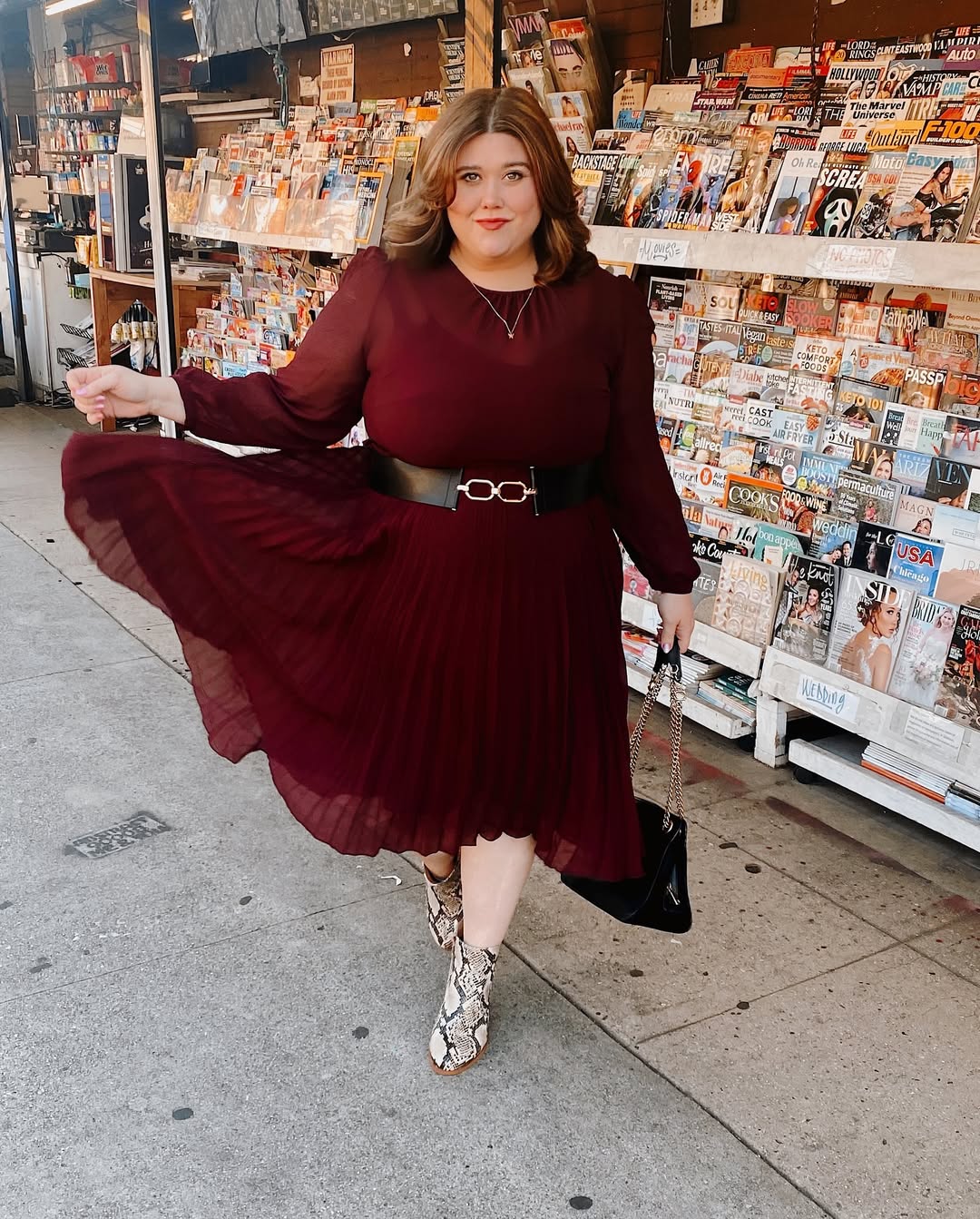 Chic Burgundy Pleated Midi Dress with Statement Belt
