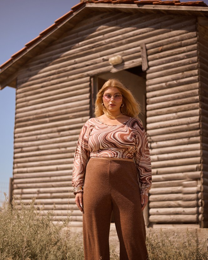 Swirl Print Crop Top With Wide Leg Knit Pants
