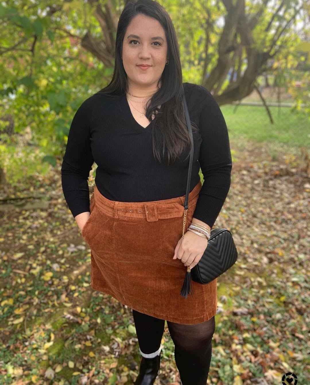 Brown Corduroy Skirt and Black Sweater Fall Look