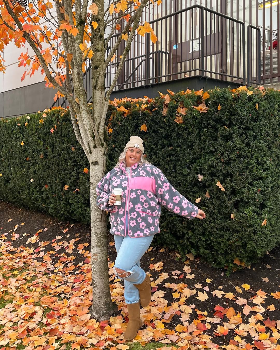 Cozy Floral Fleece Jacket And Distressed Denim