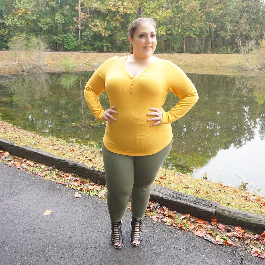 Mustard Henley With Olive Green Leggings And Strappy Heels