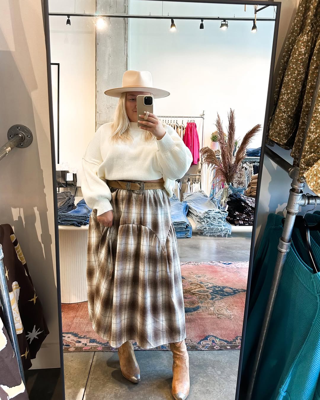 Cozy Plaid Midi Skirt And Cream Sweater Look