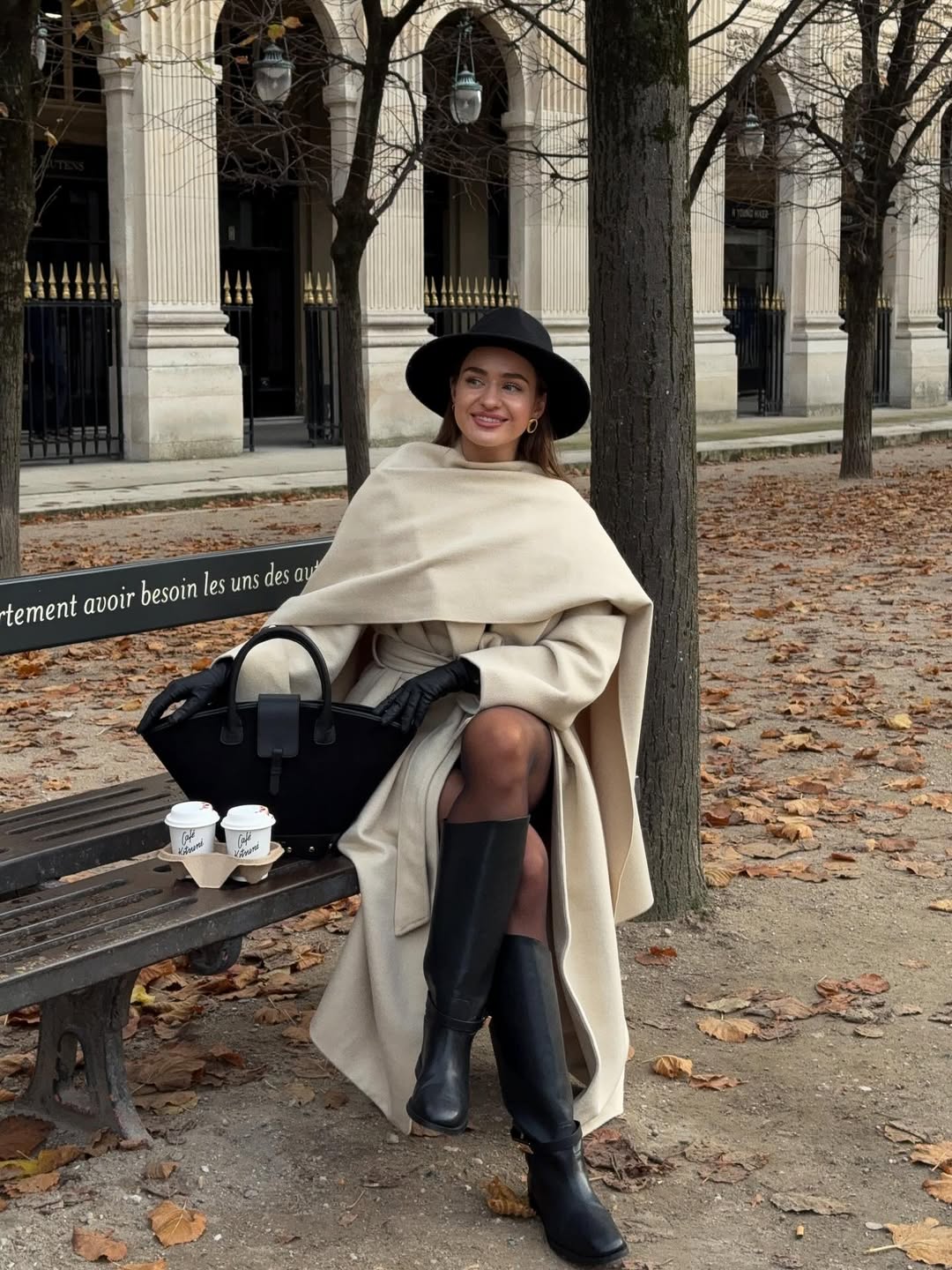 Chic Beige Cape Coat With Riding Boots and Hat